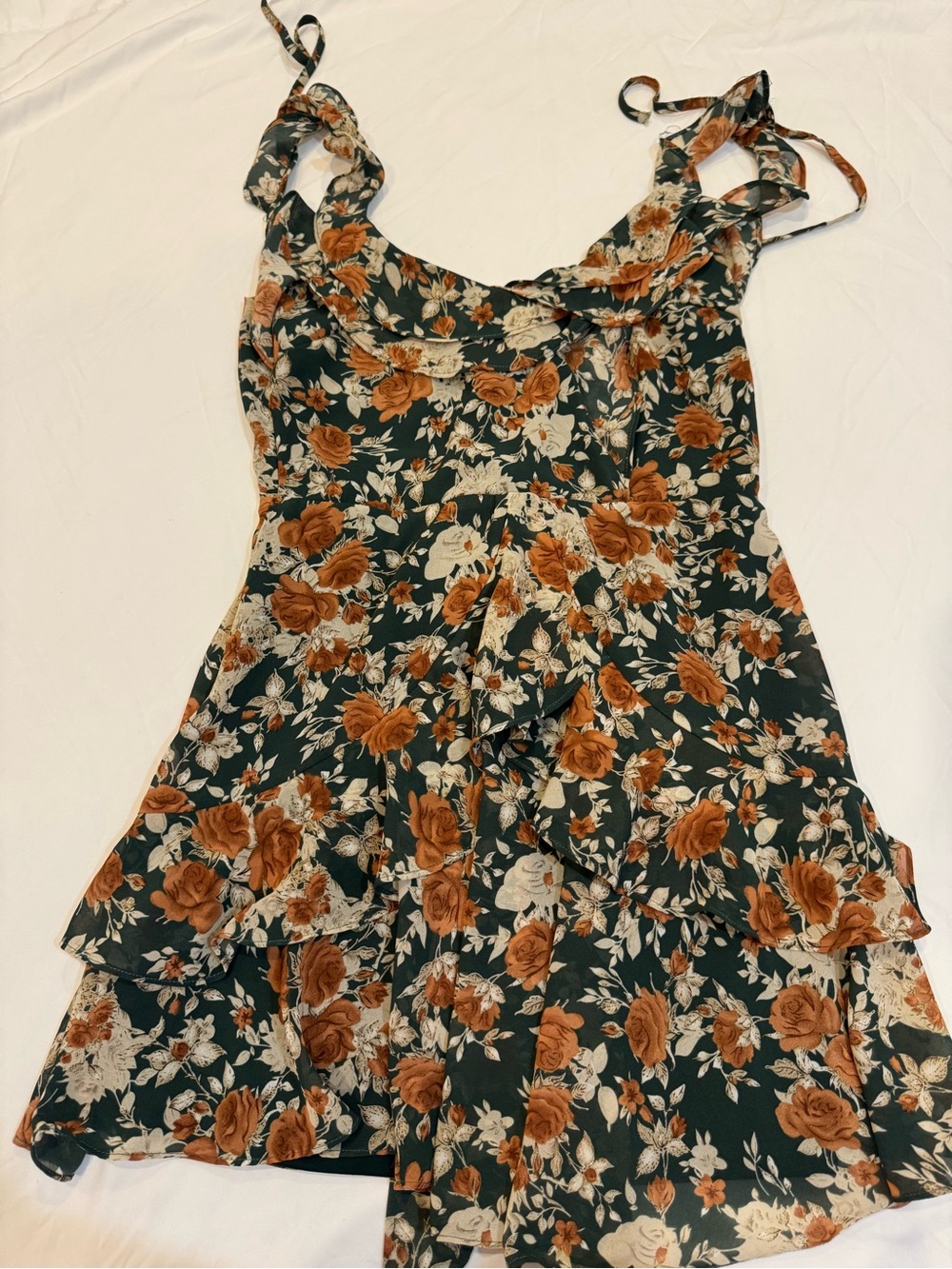 Green Floral Ruffle Sundress with Rust Roses